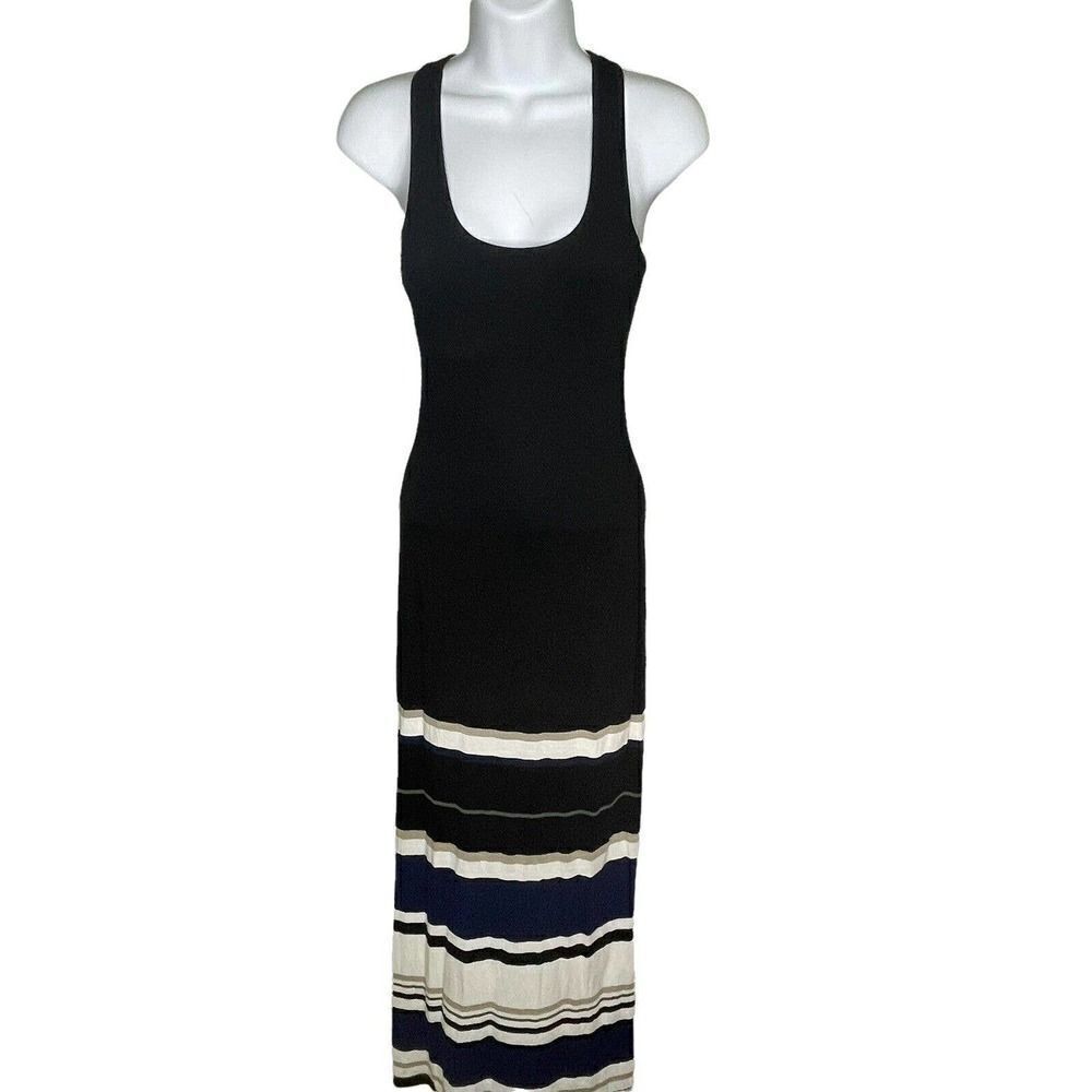 Club Monaco Maxi Tank Dress XS Racerback Built In Bra Black Blue Stripe
